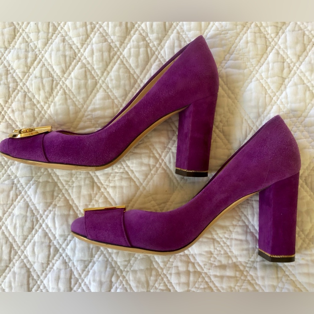 Salvatore Ferragamo Purple Heels with Gold Accents EUC - Picture 2 of 16